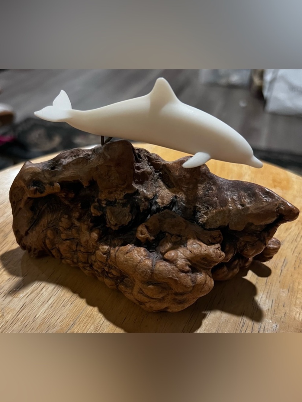 John Perry White Dolphin on Burl Wood Base Sculpture Signed Marine Animals Art